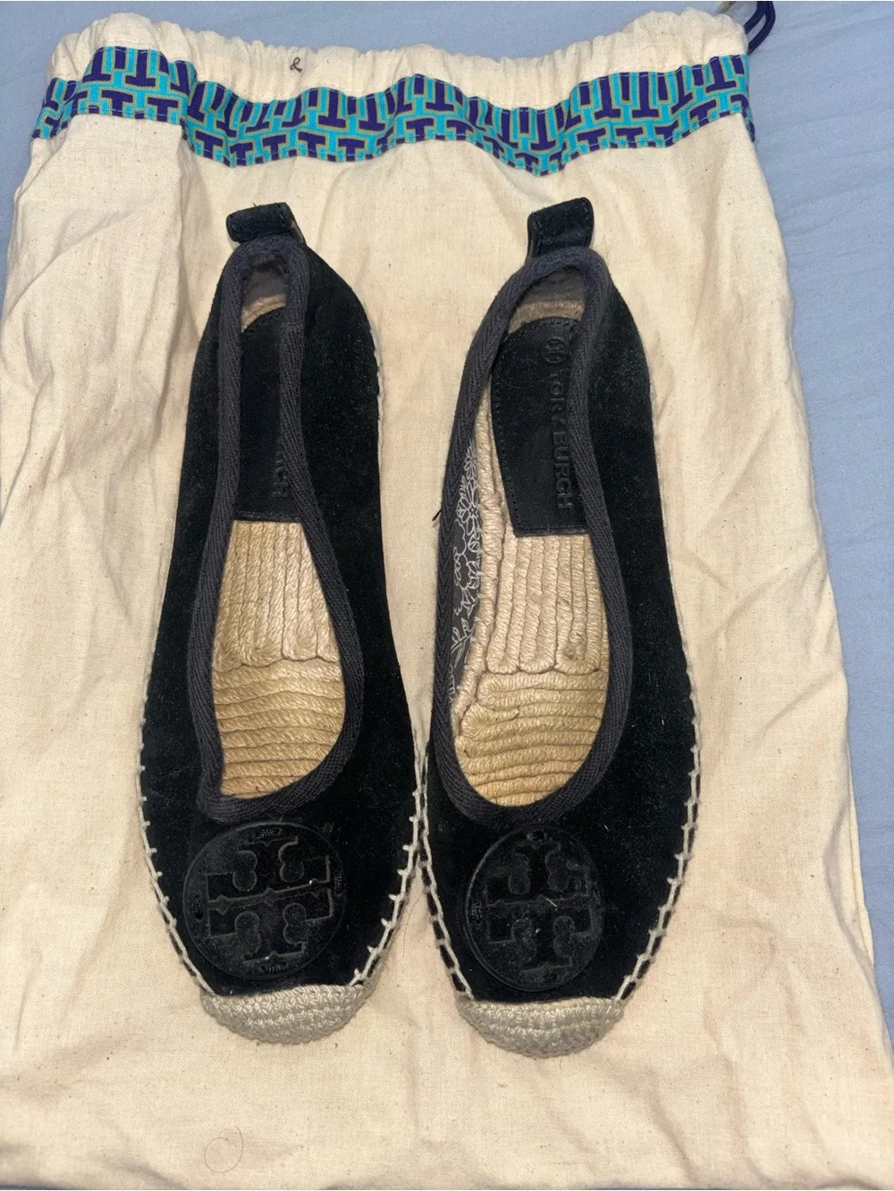 Tory Burch Black Suede Espadrille Flats with Logo Medallion